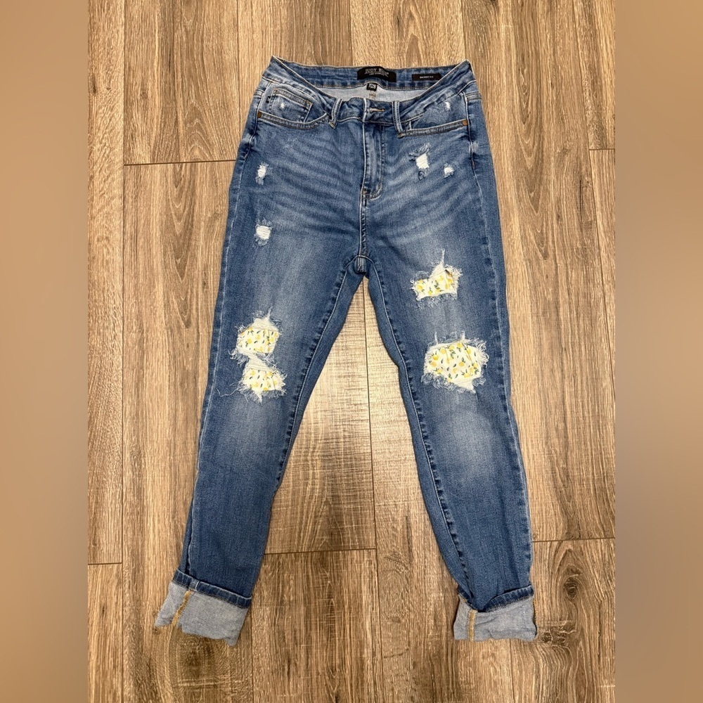 Judy Blue Skinny Fit Jeans Women's 7/28 Distressed Medium Wash Lemon Print